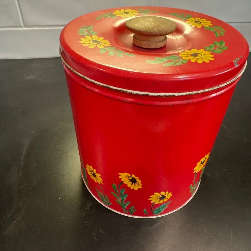 Vintage Sunflower Metal Kitchen Canister Red Farmhouse Decor Large Yellow Flower